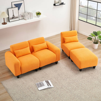 The 84.6-inch orange teddy fleece creative sofa can be assembled into a two-seater sofa with a single couch with three waist pillows to perfectly stretch your waist for small apartment bedroom Spaces