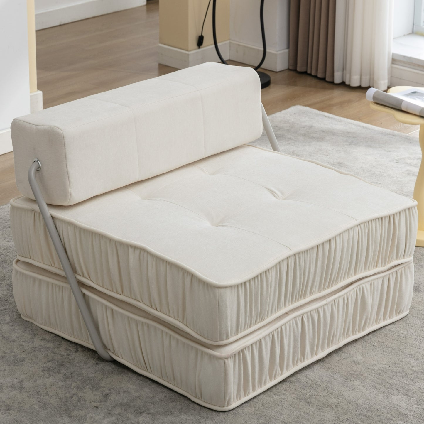 Folding Sofa Bed, Futon Sleeper Chair, Convertible Chair Floor Couch & Sleeping Mattress for Living Room, Guest Room, Home Office, Apartment, Small space, Bed, Removable Back Cushion, White, 1 Seat