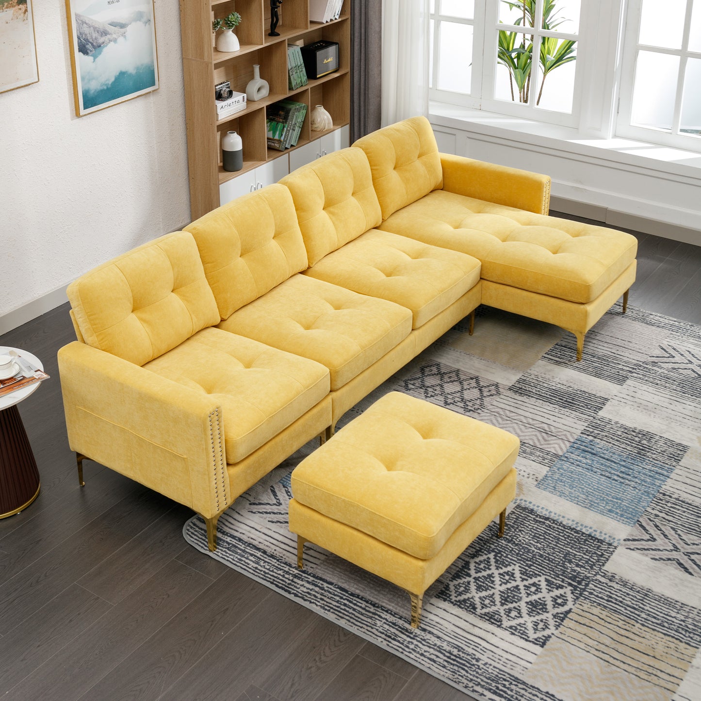 110" L-Shape Convertible Sectional Sofa Couch with Movable Ottoman for Living Room, Apartment, Office, Yellow