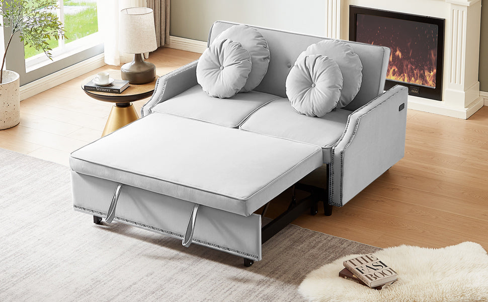 54.7" Multiple Adjustable Positions Sofa Bed Stylish Sofa Bed with a Button Tufted Backrest, Two USB Ports and Four Floral Lumbar Pillows for Living Room, Bedroom,or Small Space, Light Grey