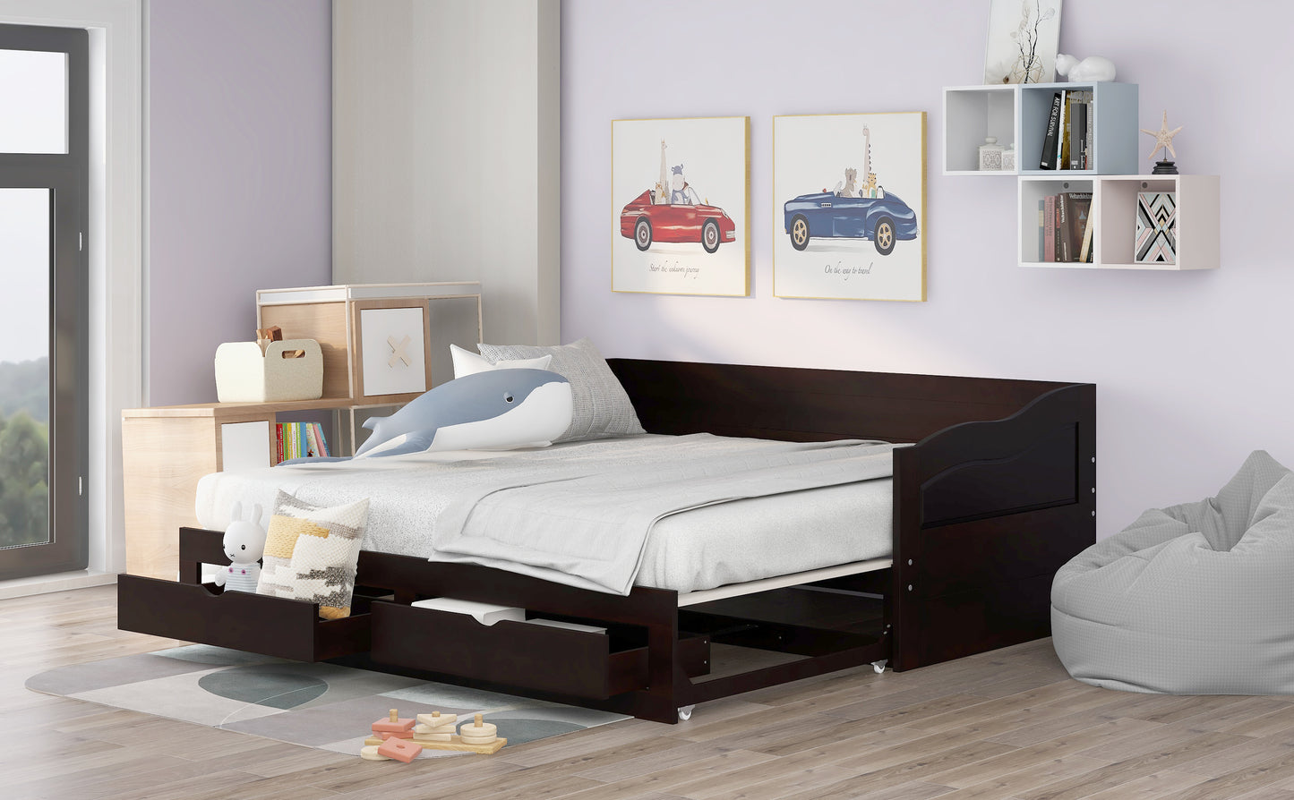 Wooden Daybed with Trundle Bed and Two Storage Drawers, Extendable Bed Daybed,Sofa Bed with Two Drawers, Espresso