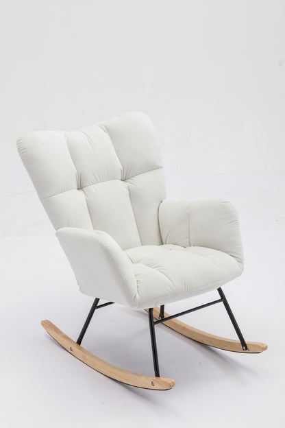 Mid Century Modern Velvet Tufted Upholstered Rocking Chair Padded Seat for Living Room Bedroom, White