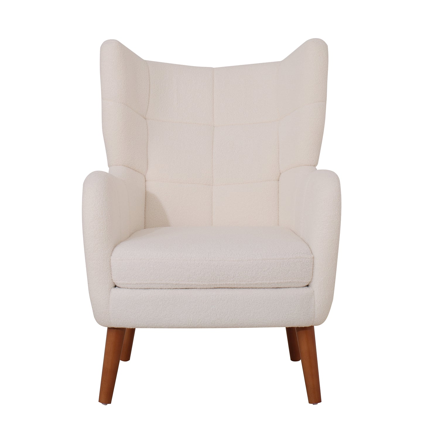 Mid-Century Accent Chair, Ivory White, Modern Retro Club Chair, Birch Frame, Upholstered Teddy Wool Fabric, Single Sofa Armchair for Small Spaces, Living Room, Bedroom, Reading Corner, Balcony,Office