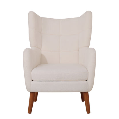 Mid-Century Accent Chair, Ivory White, Modern Retro Club Chair, Birch Frame, Upholstered Teddy Wool Fabric, Single Sofa Armchair for Small Spaces, Living Room, Bedroom, Reading Corner, Balcony,Office