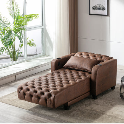 Multifunctional Living Room Leisure Chaise Lounge Barry Tufted Comfy Armchair Wireless Charging, Smooth Reclining Backrest & Lumbar Pillow for Home Apartment (Brown linen)