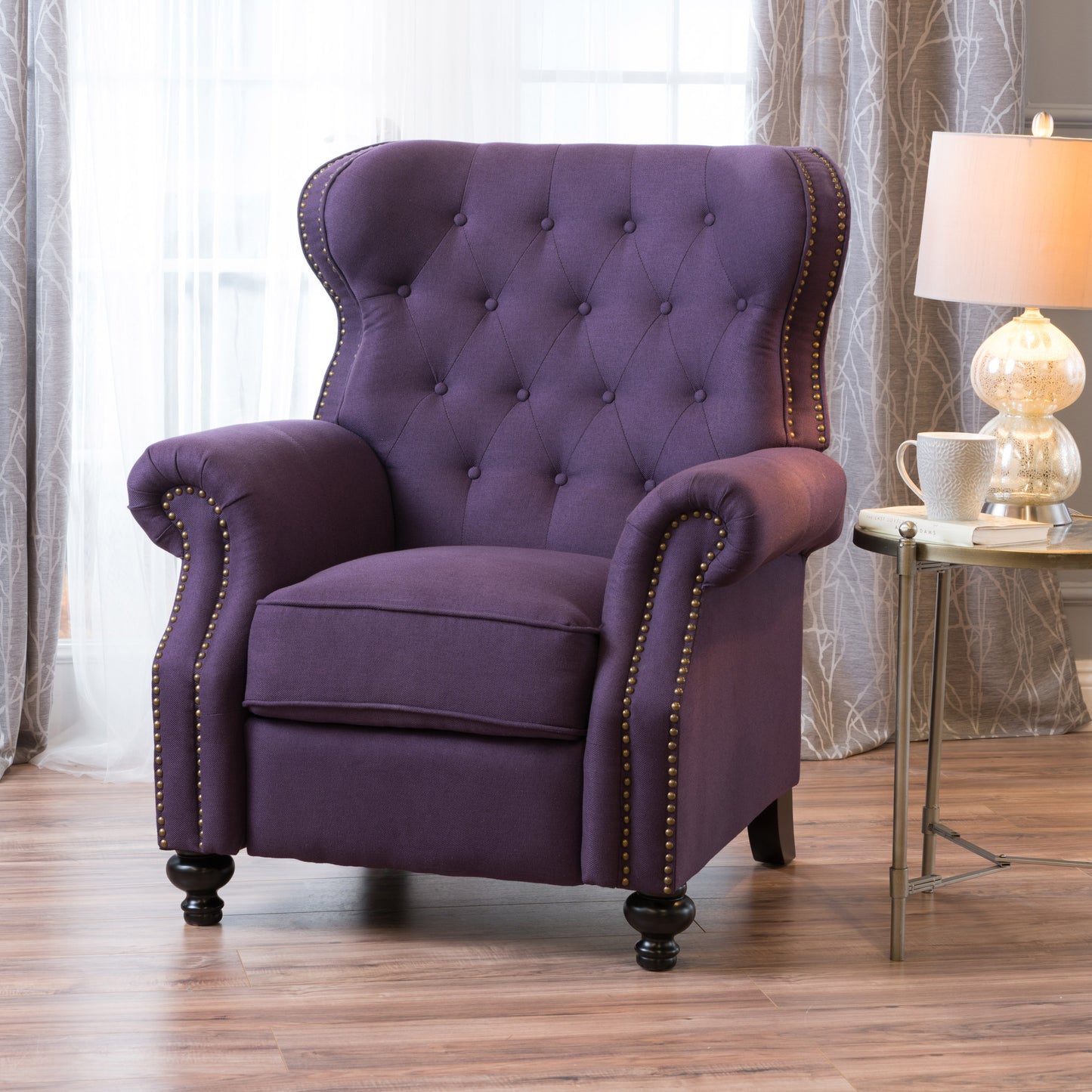 Accented Push Back Recliner Chair with Rolled Arms in Plum, Enjoy Cocooning Comfort