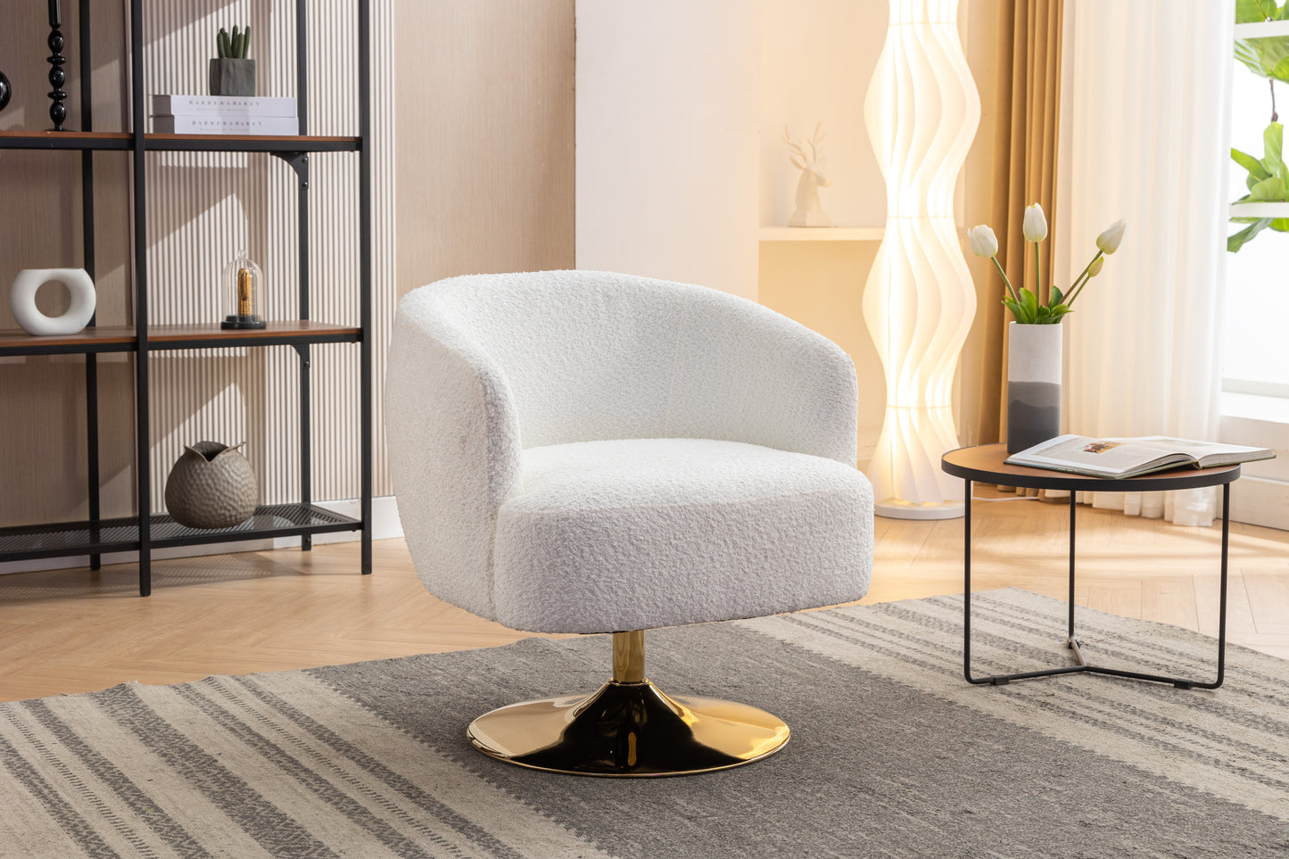 048-Chenille Fabric Accent Swivel Chair With Gold Metal Round Base,White