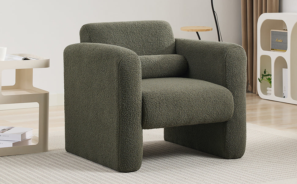 Modern Accent Chair Lambskin Sherpa Fabric Upholstered Comfy Reading Arm Chair Soft Padded Armchair with Back and Pillow for Living Room Bedroom Reception Waiting Room Office,Seaweed Green