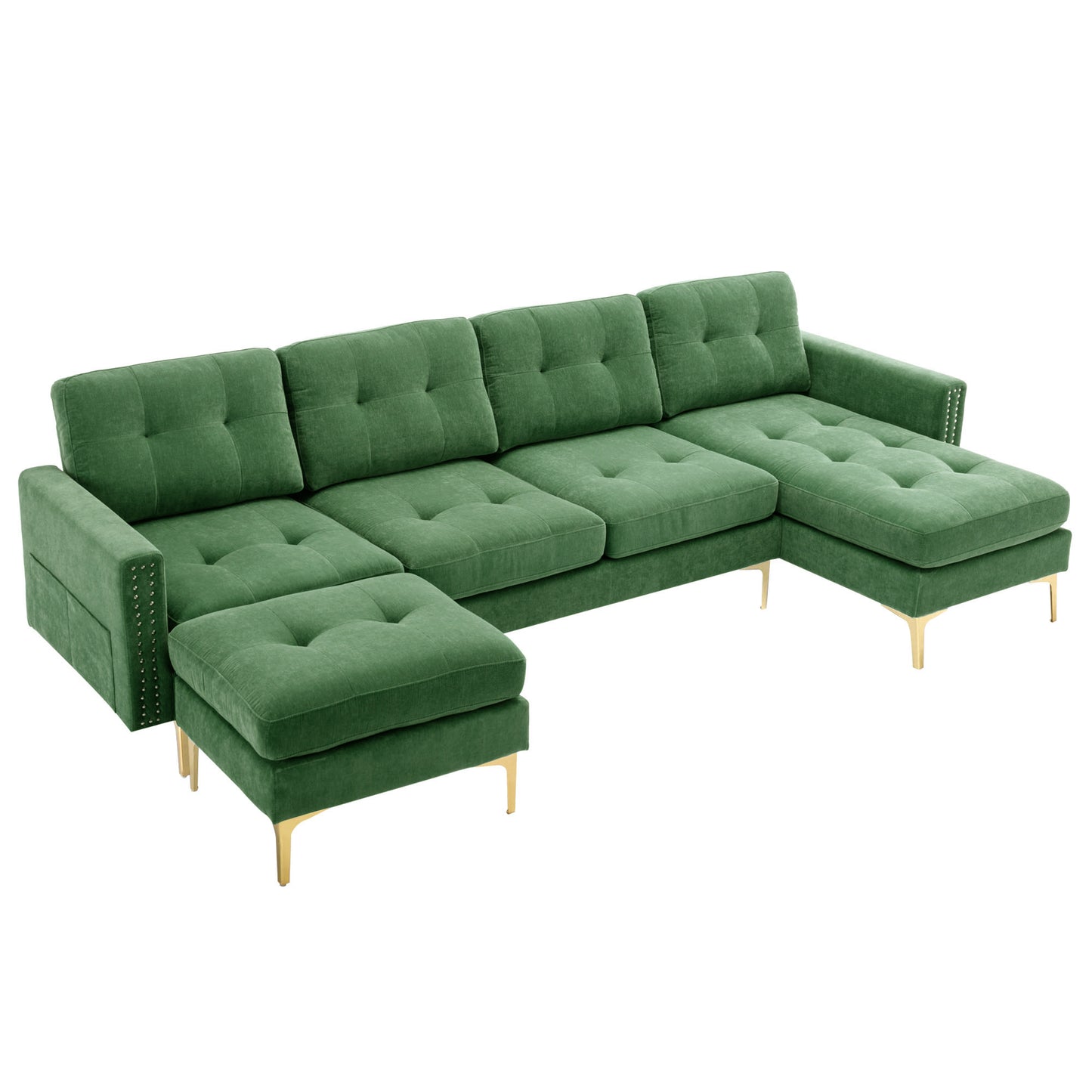 110" L-Shape Convertible Sectional Sofa Couch with Movable Ottoman for Living Room, Apartment, Office, Green