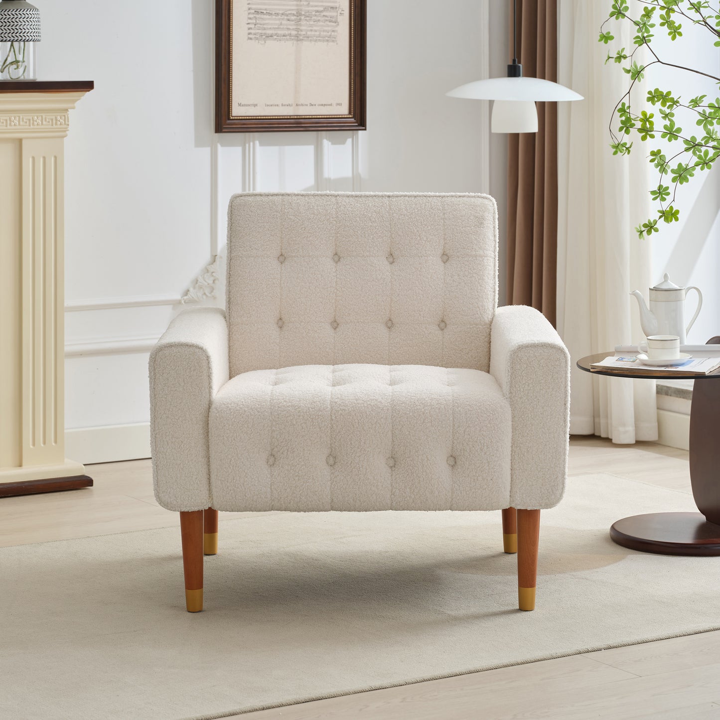 Classic Biscuit-Style Accent Chair - Comfortable Armrests, Soft Fabric, Elegant Solid Wood Legs with Gold Finish, Easy Assembly