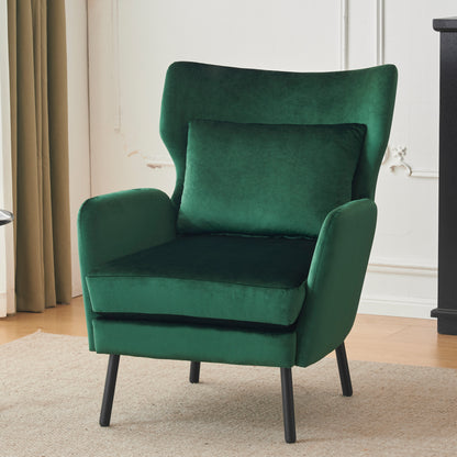 Velvet Accent Chair, Modern Living Room Armchair Comfy Upholstered Single Sofa Chair for Bedroom Dorms Reading Reception Room with Metal Legs & Pillow, Green