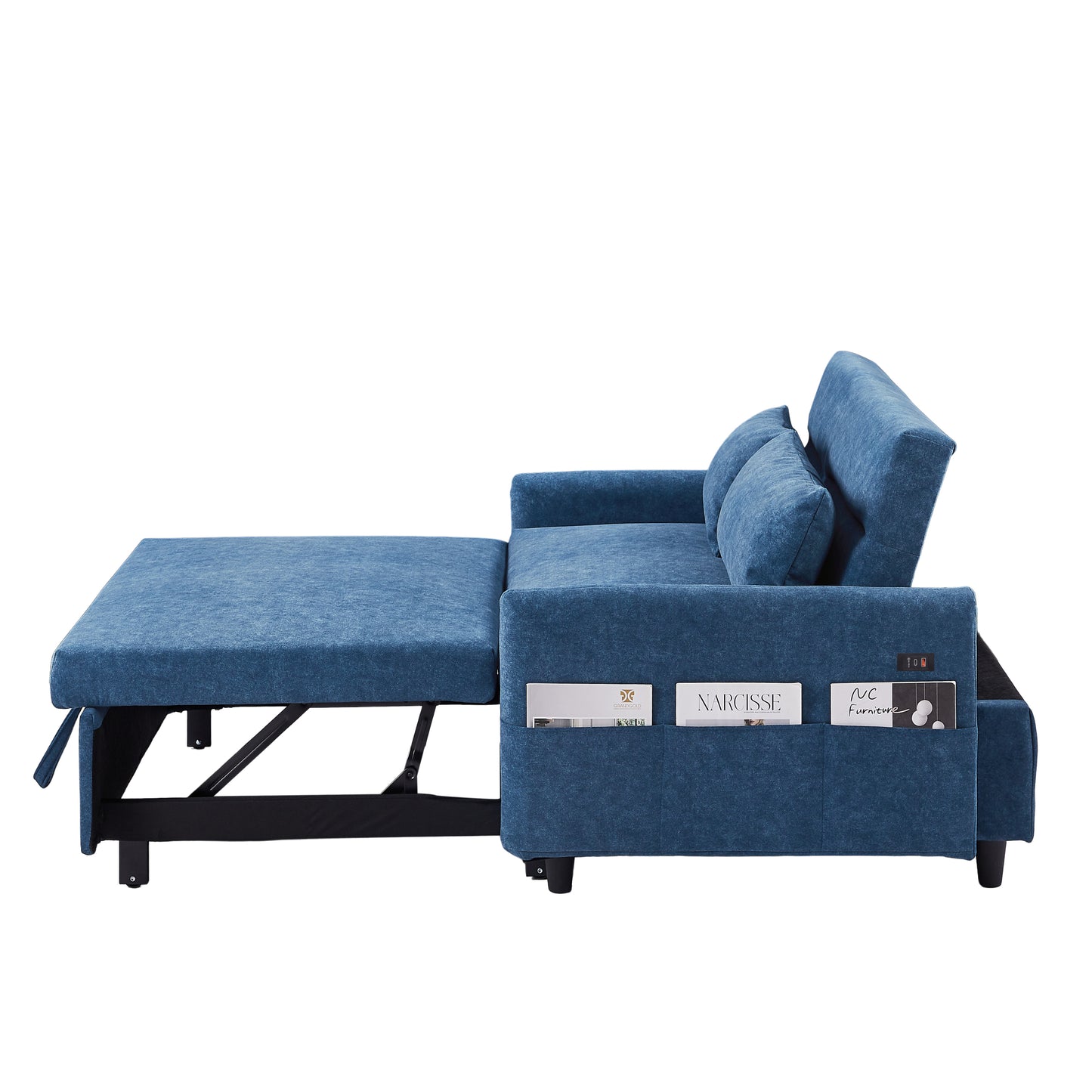 55.1" Pull Out Sleep Sofa Bed Loveseats Sofa Couch with Adjsutable Backrest, Storage Pockets, 2 Soft Pillows, USB Ports for Living Room, Bedroom, Apartment, Office, Blue (Old SKU WF307821AAC)