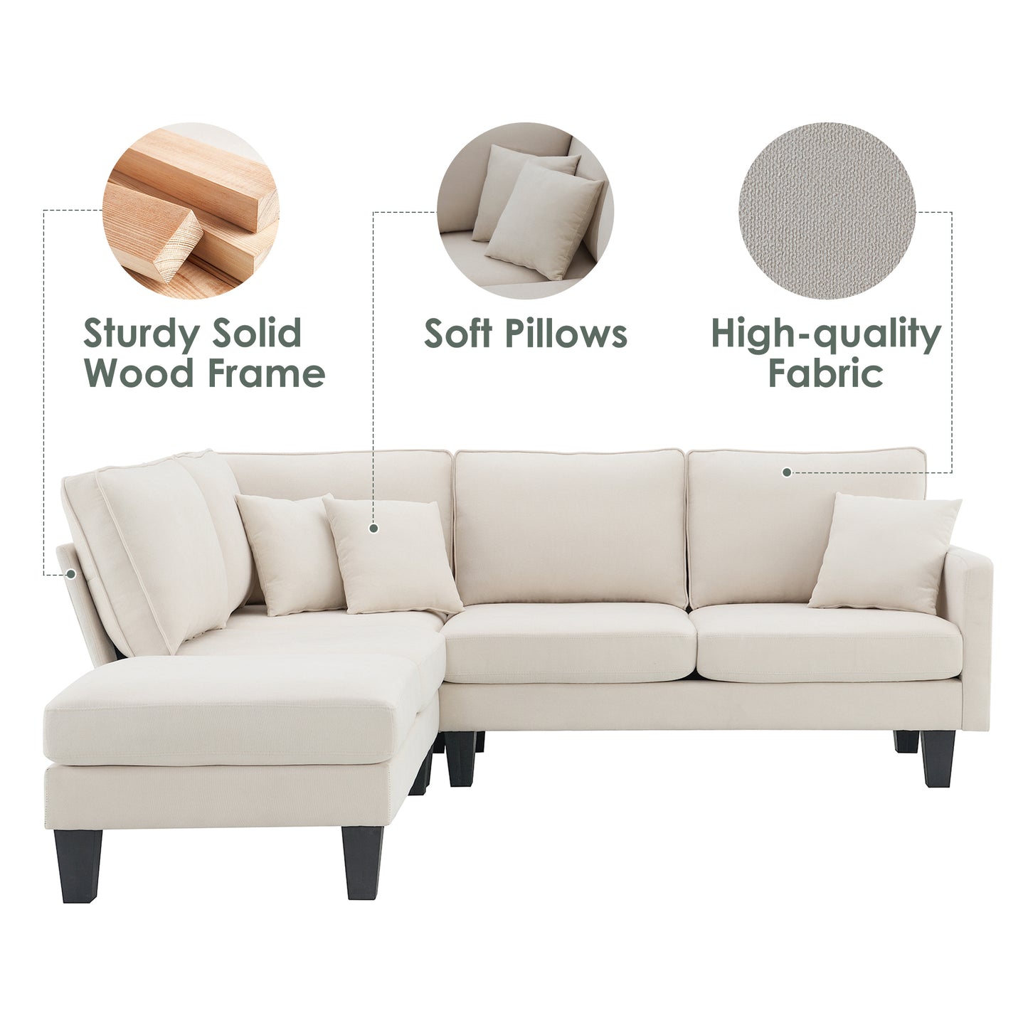 90*88" Terrycloth Modern Sectional Sofa,5-Seat Practical Couch Set with Chaise Lounge,L-Shape minimalist Indoor Furniture with 3 Pillows for Living Room,Apartment,Office, 3 Colors