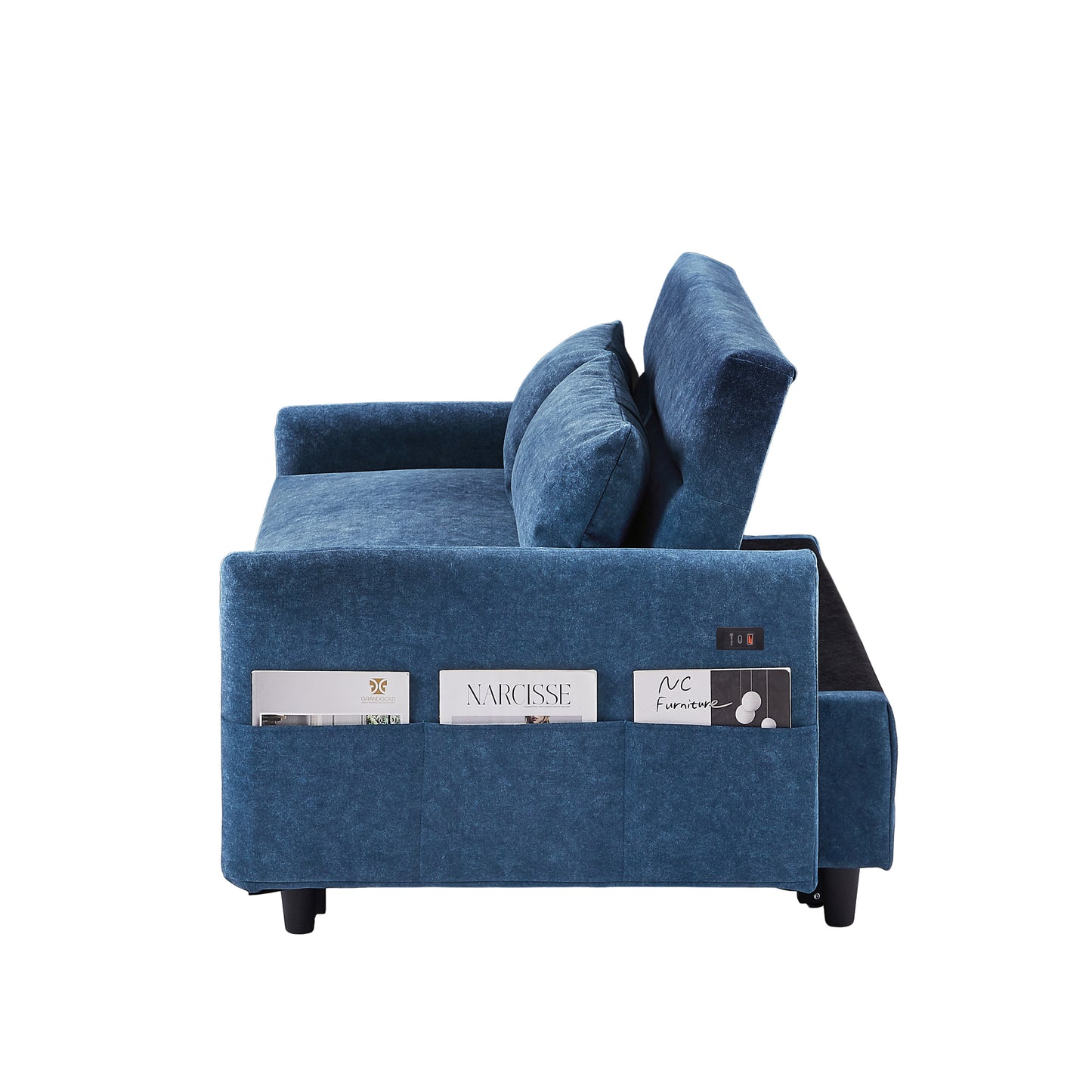 55.1" Pull Out Sleep Sofa Bed Loveseats Sofa Couch with Adjsutable Backrest, Storage Pockets, 2 Soft Pillows, USB Ports for Living Room, Bedroom, Apartment, Office, Blue (Old SKU WF307821AAC)