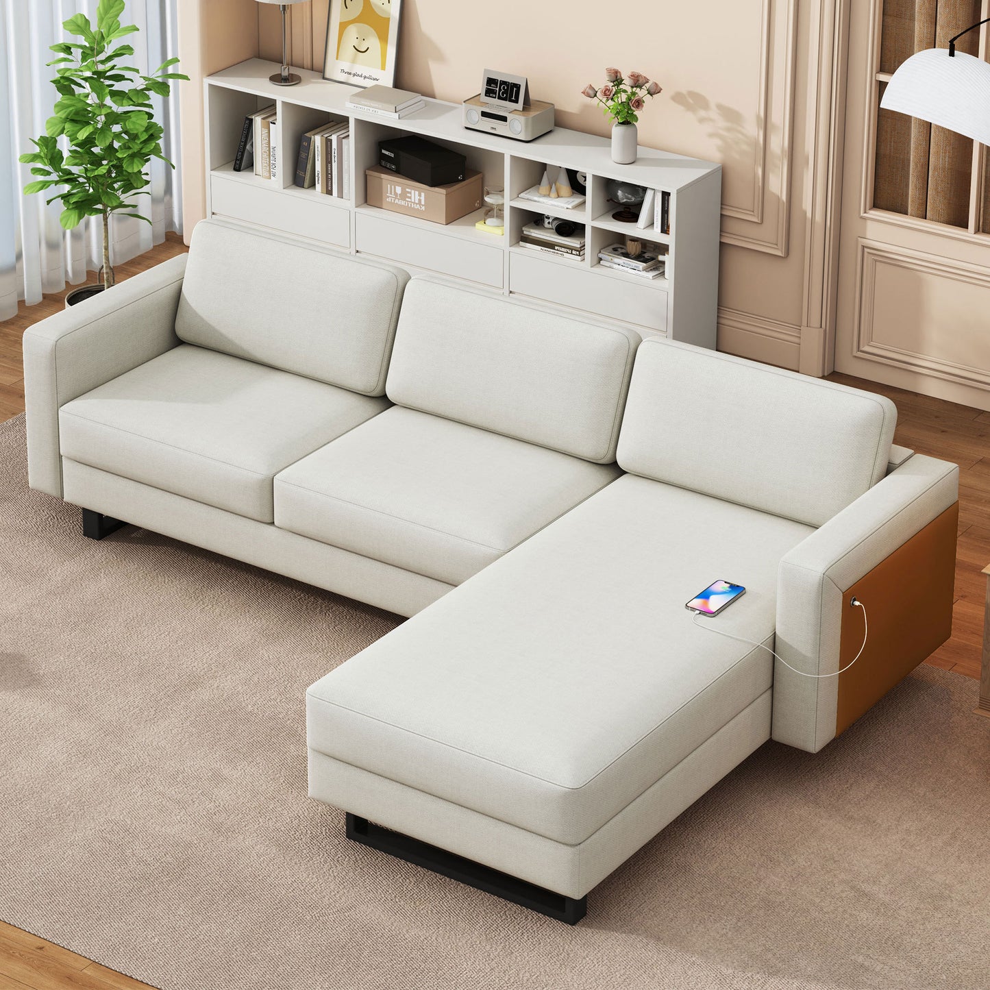 SOFA The best choice products upholstered sectional sofa for families, apartments, dormitories, award rooms, compact space with chaise longue, 3 seats, L-shaped design, off-white