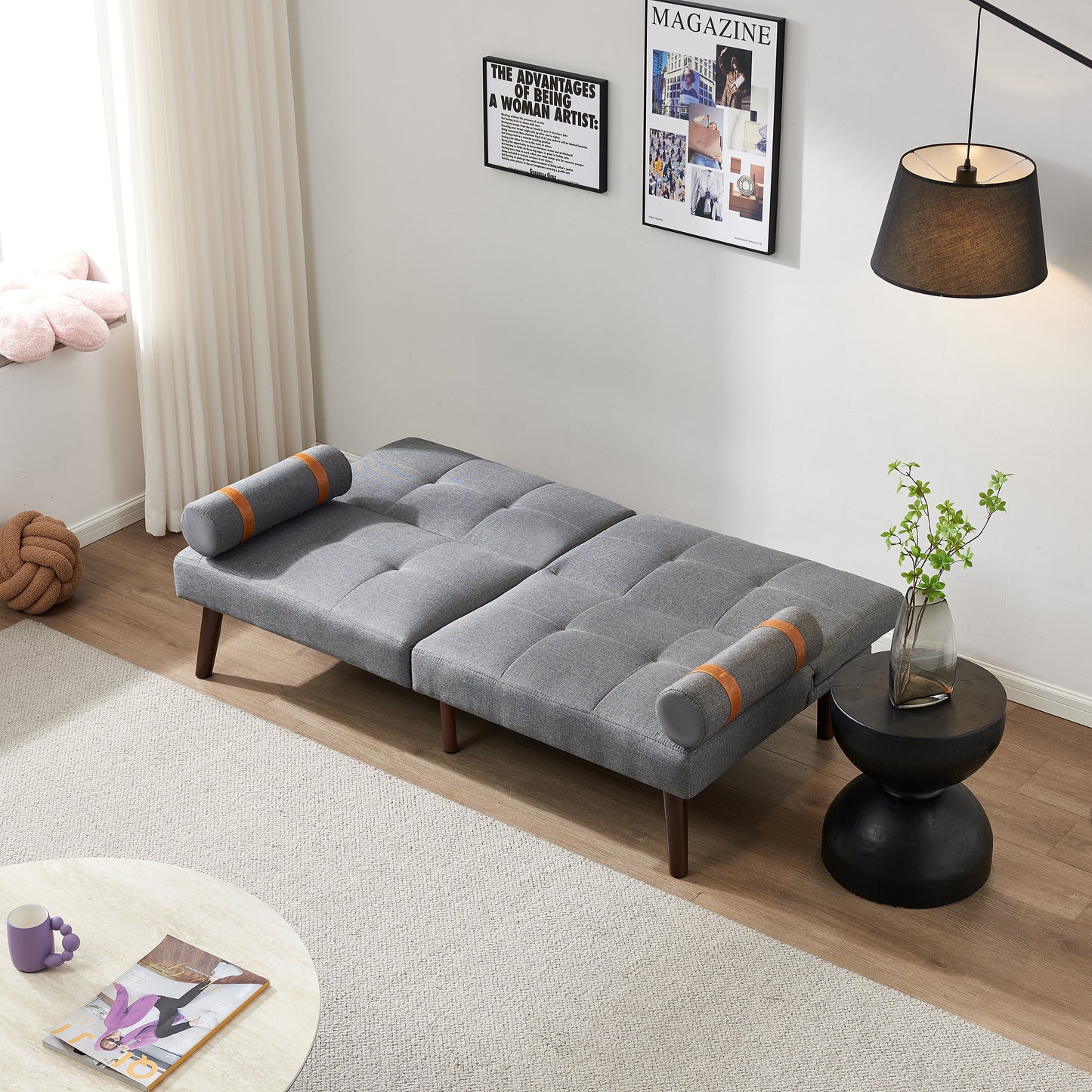 Convertible Sofa Bed Futon with Solid Wood Legs Linen Fabric Grey