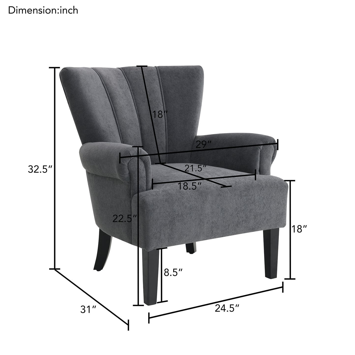 Modern Accent Living Room Chairs,Polyester Armchair Club Chair with channel back, Accent chair for Living room, Bedroom Reading room, soft fabric, wooden Leg, Dark Grey