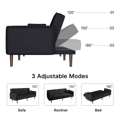 Convertible Sofa Bed with Wood Legs in Cotton Linen Fabric(Black)