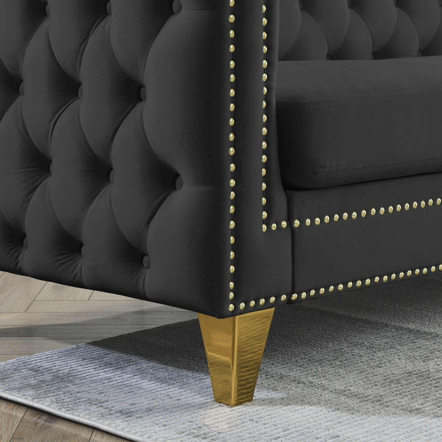 Velvet Sofa for Living Room,Buttons Tufted Square Arm Couch, Modern Couch Upholstered Button and Metal Legs, Sofa Couch for Bedroom, Black Velvet(W834S00022)