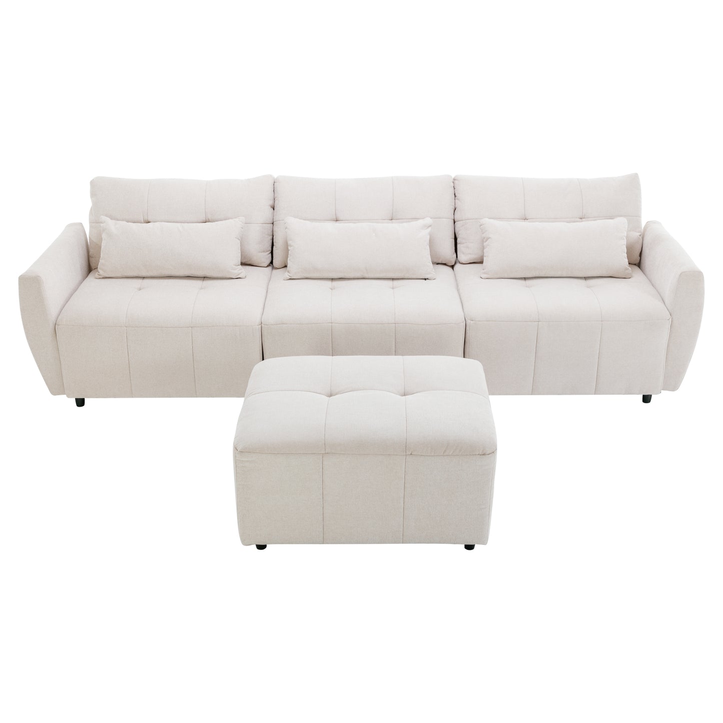 113.3" Convertible Sectional Sofa Couch 3-Seat L-Shaped Sofa with Movable Ottoman and USB for Apartment, Living Room, Bedroom, Beige