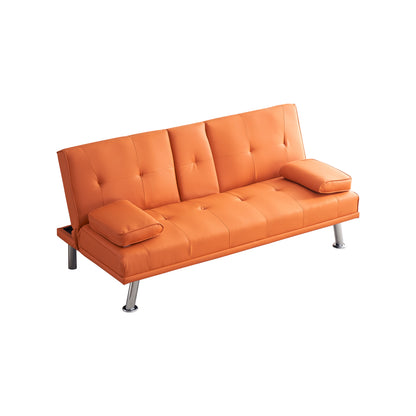 67" Orange Leather Multifunctional Double Folding Sofa Bed for Office with Coffee Table