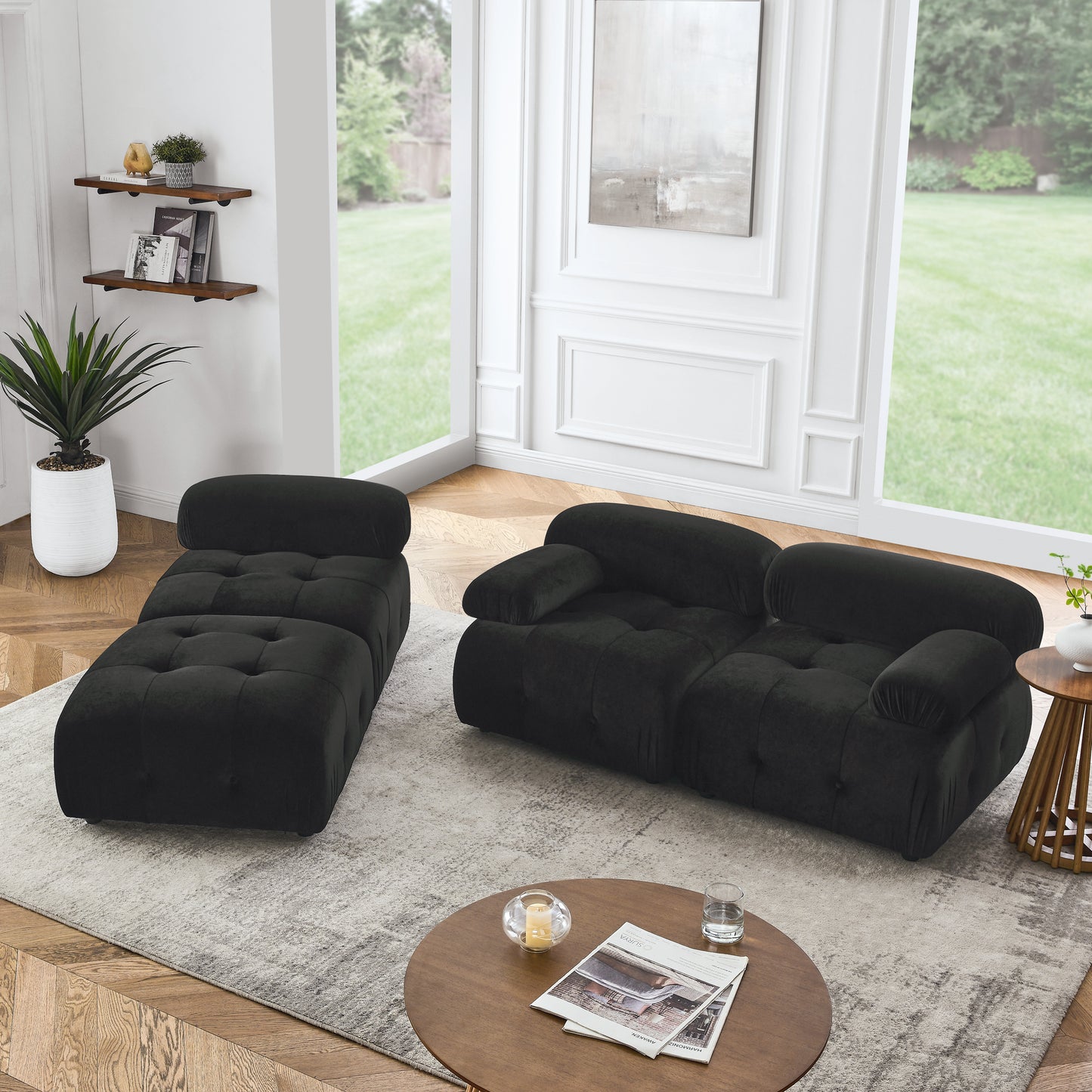 Modular Sectional Sofa, Button Tufted Designed and DIY Combination,L Shaped Couch with Reversible Ottoman, Black Velvet