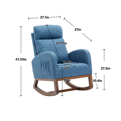 Rocking Chair, Modern Glider Chair, Recliner Armchair with Wood Legs and Side Pocket, Nursery Rocking Accent Chair with High Back for Living Room Bedroom (Blue linen)