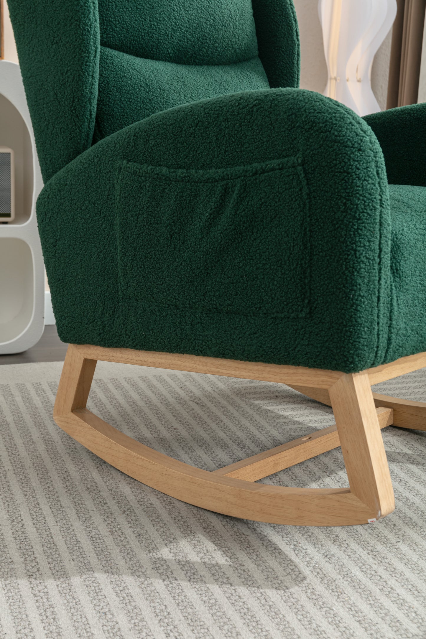 049-Teddy Fabric Rocking Chair With Packet Wood Legs,Green