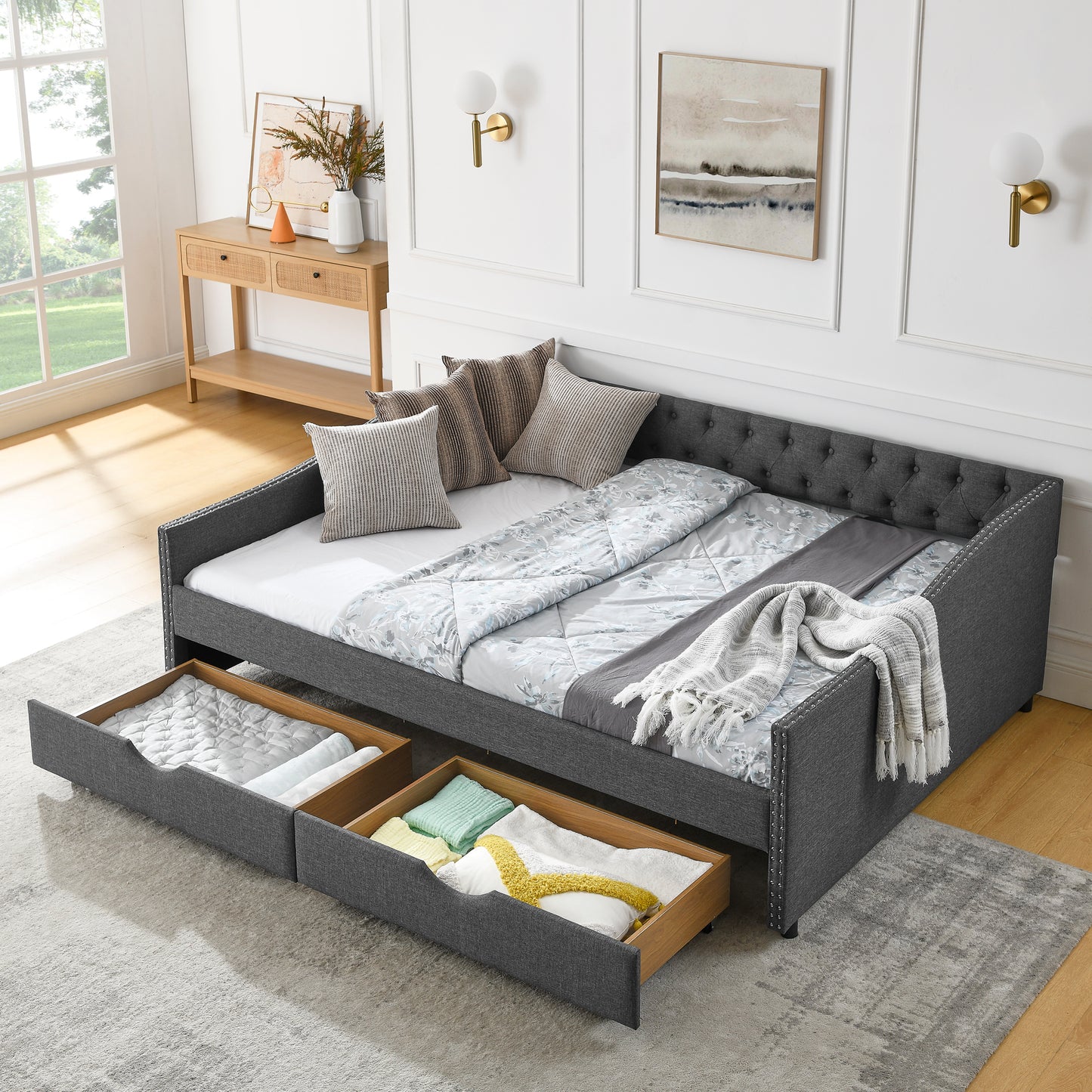 Queen Size Daybed with Drawers Upholstered Tufted Sofa Bed,,with Button on Back and Copper Nail on Waved Shape Arms(84.5"x63.5"x26.5")