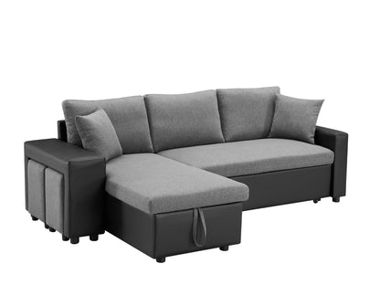 92.5 inchLinen Reversible Sleeper Sectional Sofa with storage and 2 stools Steel Gray