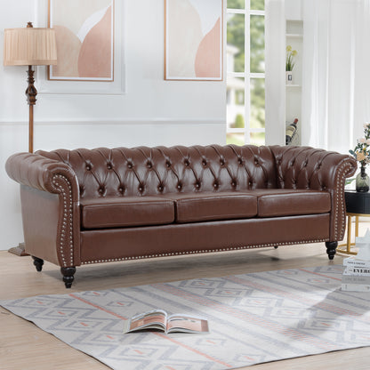 84.65" Dark Brown PU Rolled Arm Chesterfield Three Seater Sofa.