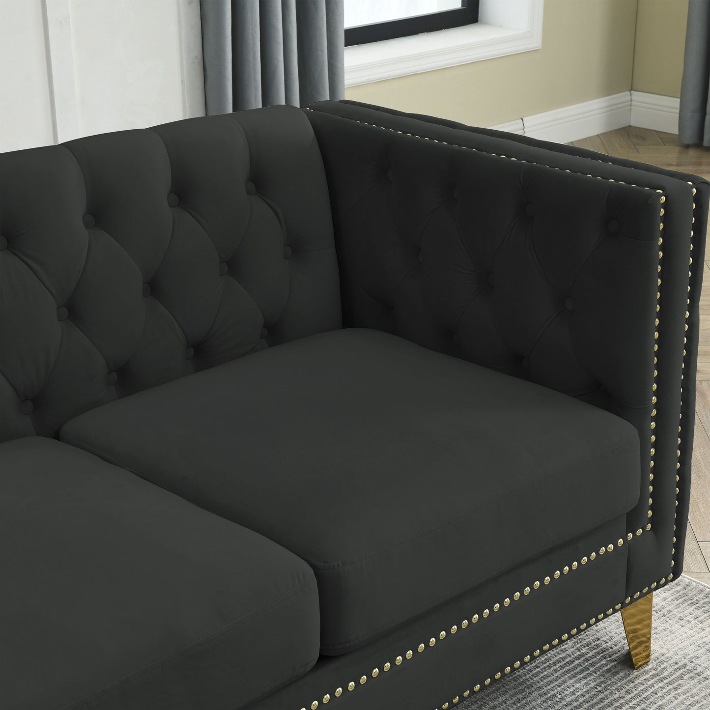 Velvet Sofa for Living Room,Buttons Tufted Square Arm Couch, Modern Couch Upholstered Button and Metal Legs, Sofa Couch for Bedroom, Black Velvet(W834S00022)