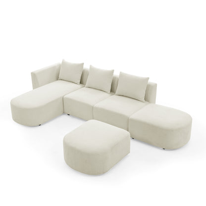 L Shape Sectional Sofa with Left Side Chaise and Ottoman, Modular Sofa, DIY Combination, Loop Yarn Fabric, Beige