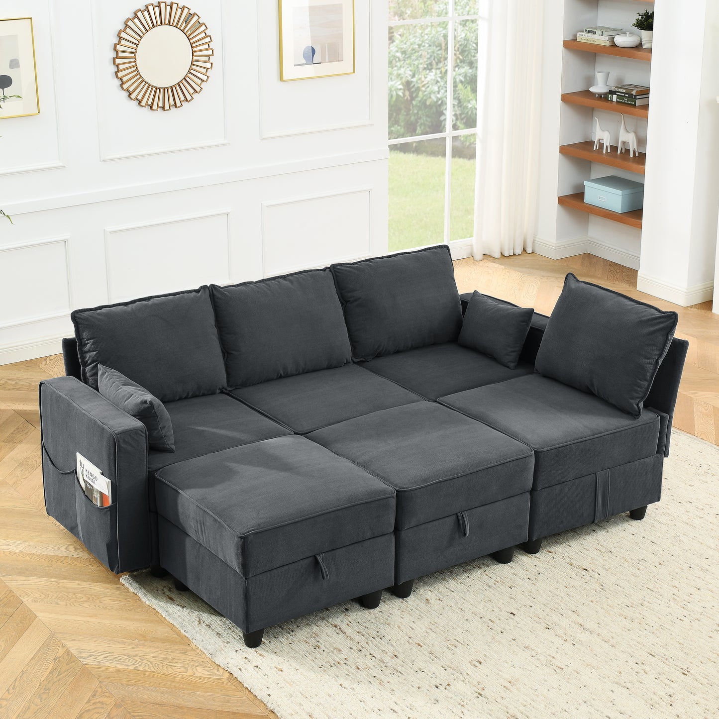 Arm Seat of Module Sofa, Gray Corduroy Velvet