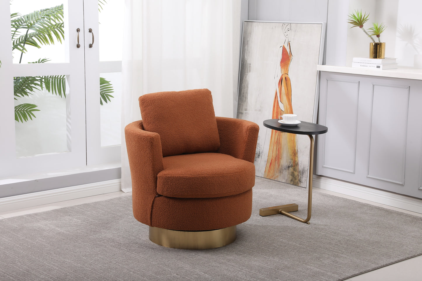 Teddy Swivel Barrel Chair, Swivel Accent Chairs Armchair for Living Room, Reading Chairs for Bedroom Comfy, Round Barrel Chairs with Gold Stainless Steel Base