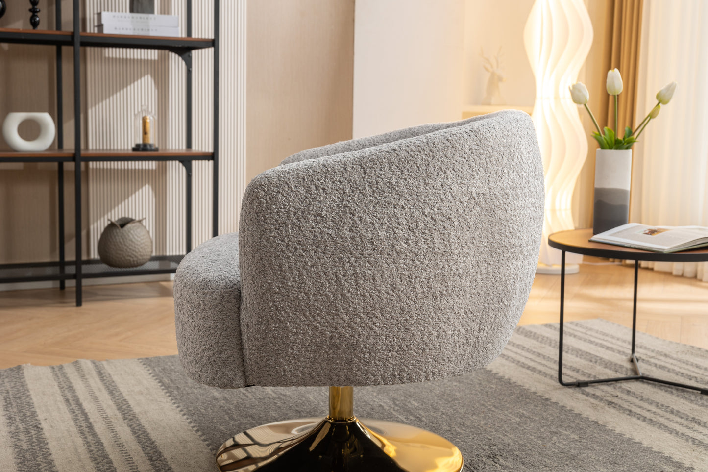 048-Chenille Fabric Accent Swivel Chair With Gold Metal Round Base,Light Gray