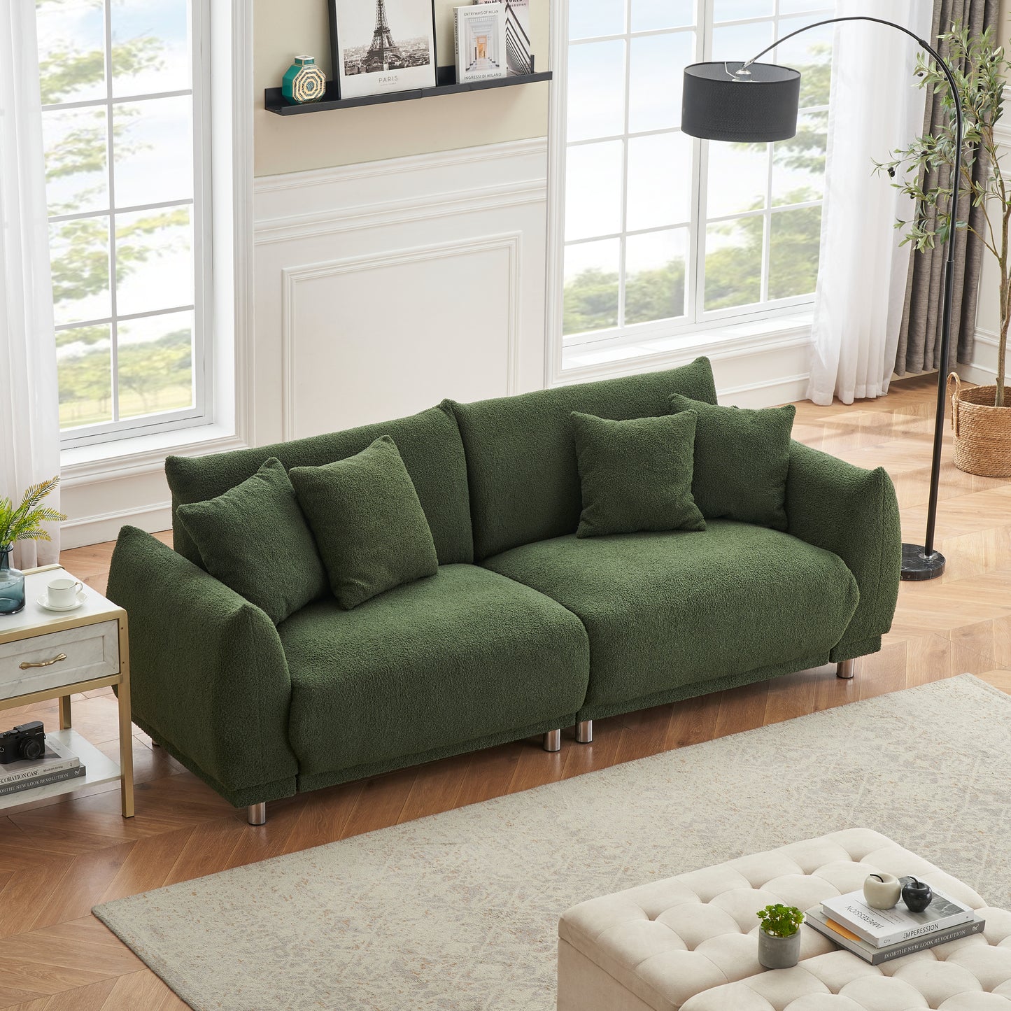 86.6 inch teddy wool black sofa with four throw pillows and hardware feet makes it comfortable to sit in an apartment bedroom without taking up space