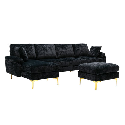 U-shape sectional sofa with Ottoman, Reversible Sofa Couch for Living Room,Spacious Furniture,Durable Couch Removable and machine washable cover (Black Velvet)