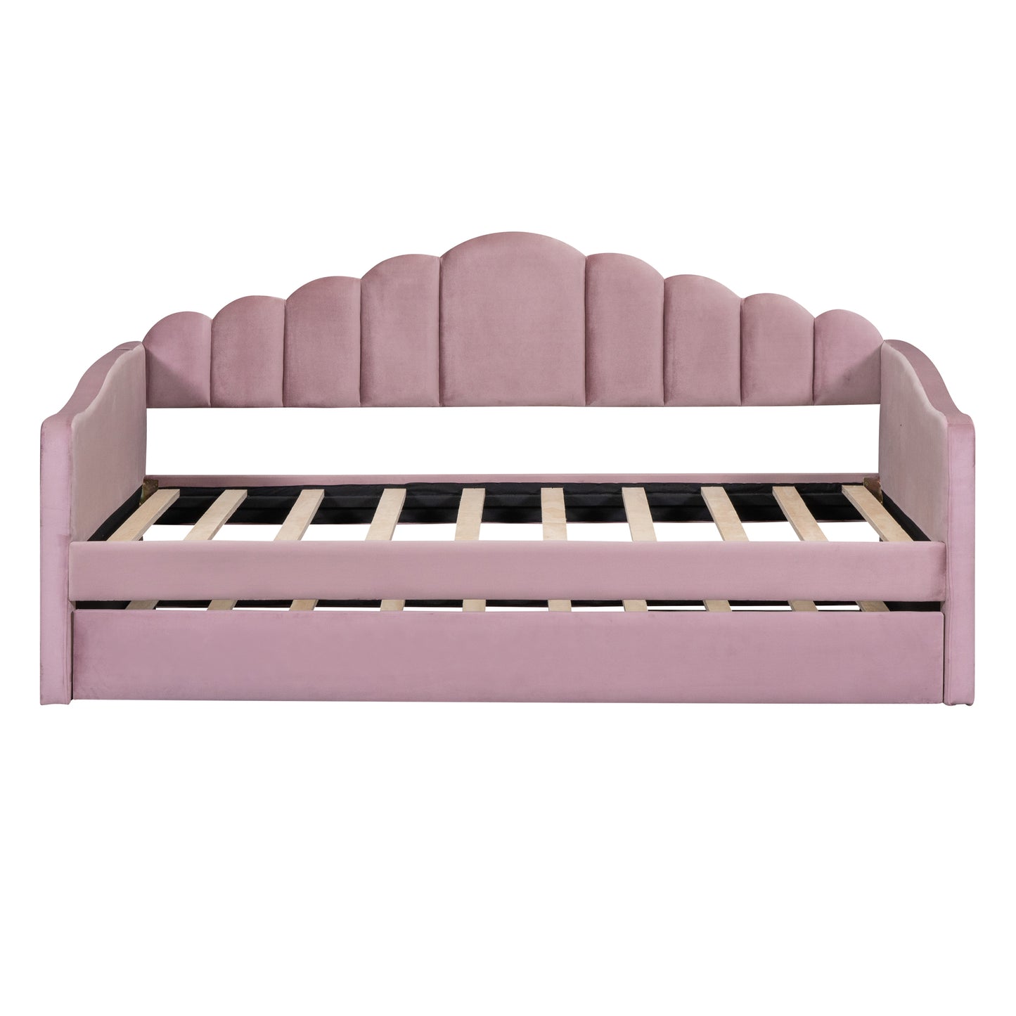 Twin size Upholstered Daybed with Trundle,Velvet Sofabed with USB Charging Ports,No Box-spring Needed,Pink