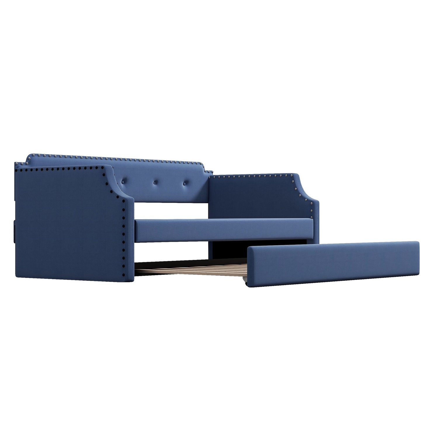 Upholstered Daybed with Trundle, Wood Slat Support,Upholstered Frame Sofa Bed, Twin,Blue