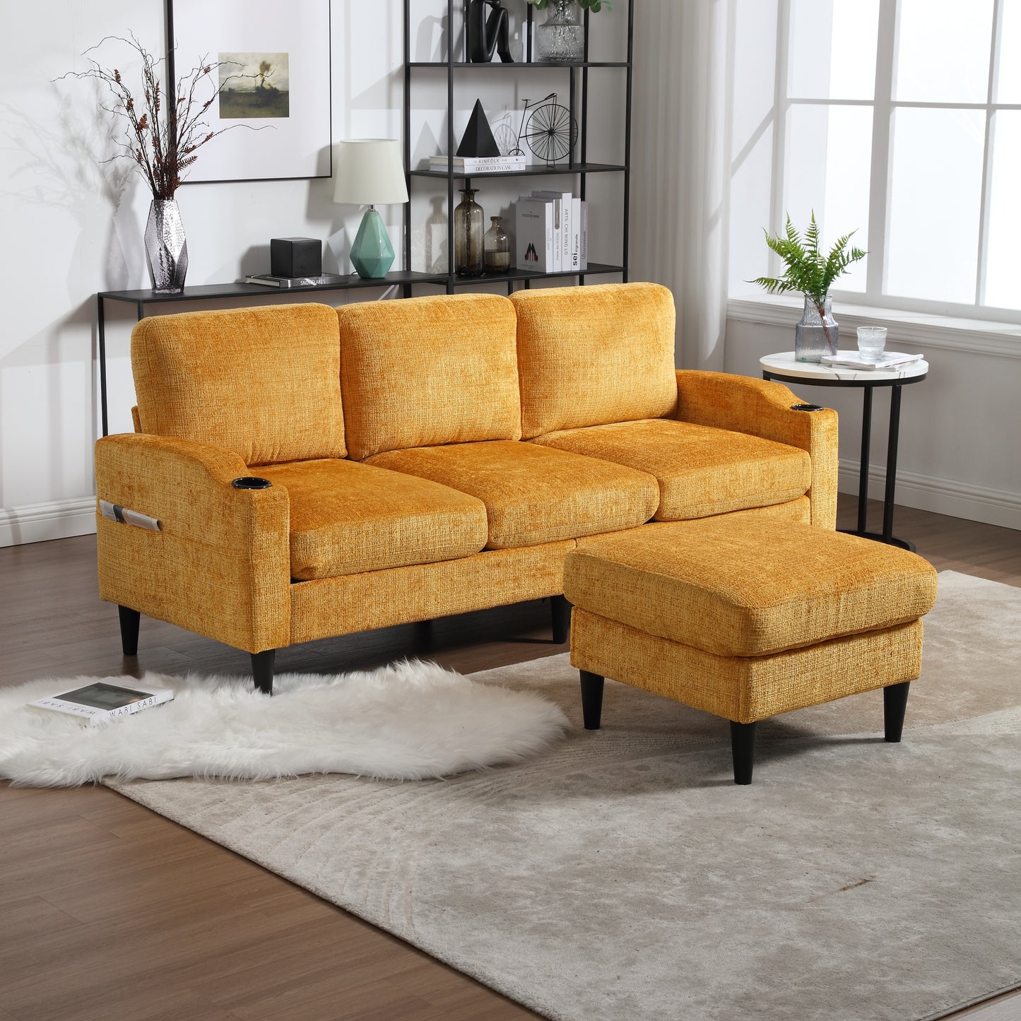 Sofa for three, solid wood frame, Chenille fabric, side pocket, with two cup holders, footstool with storagestorage sofa /Living room sofa cozy sectional sofa