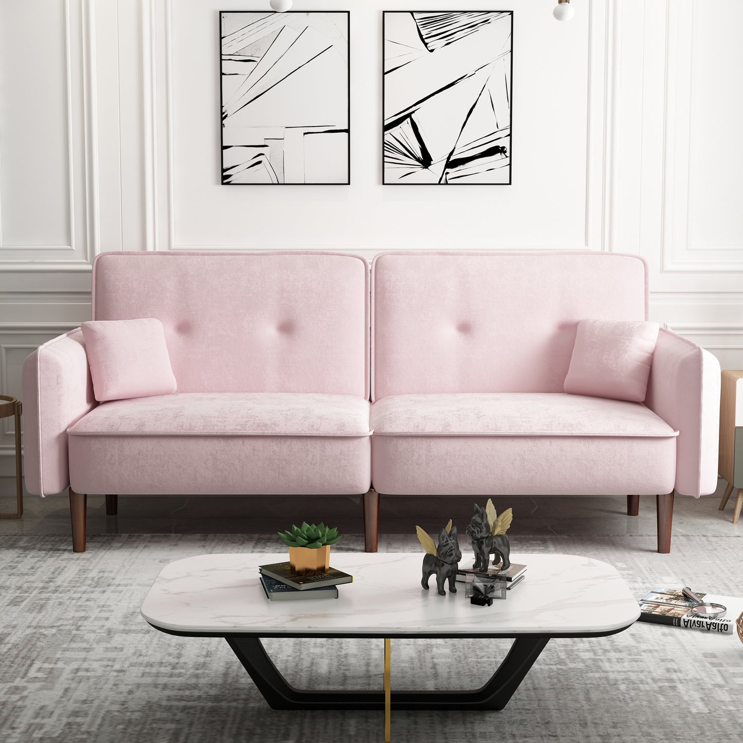 Convertible Sofa Bed with Wood Legs in Velvet(Pink)