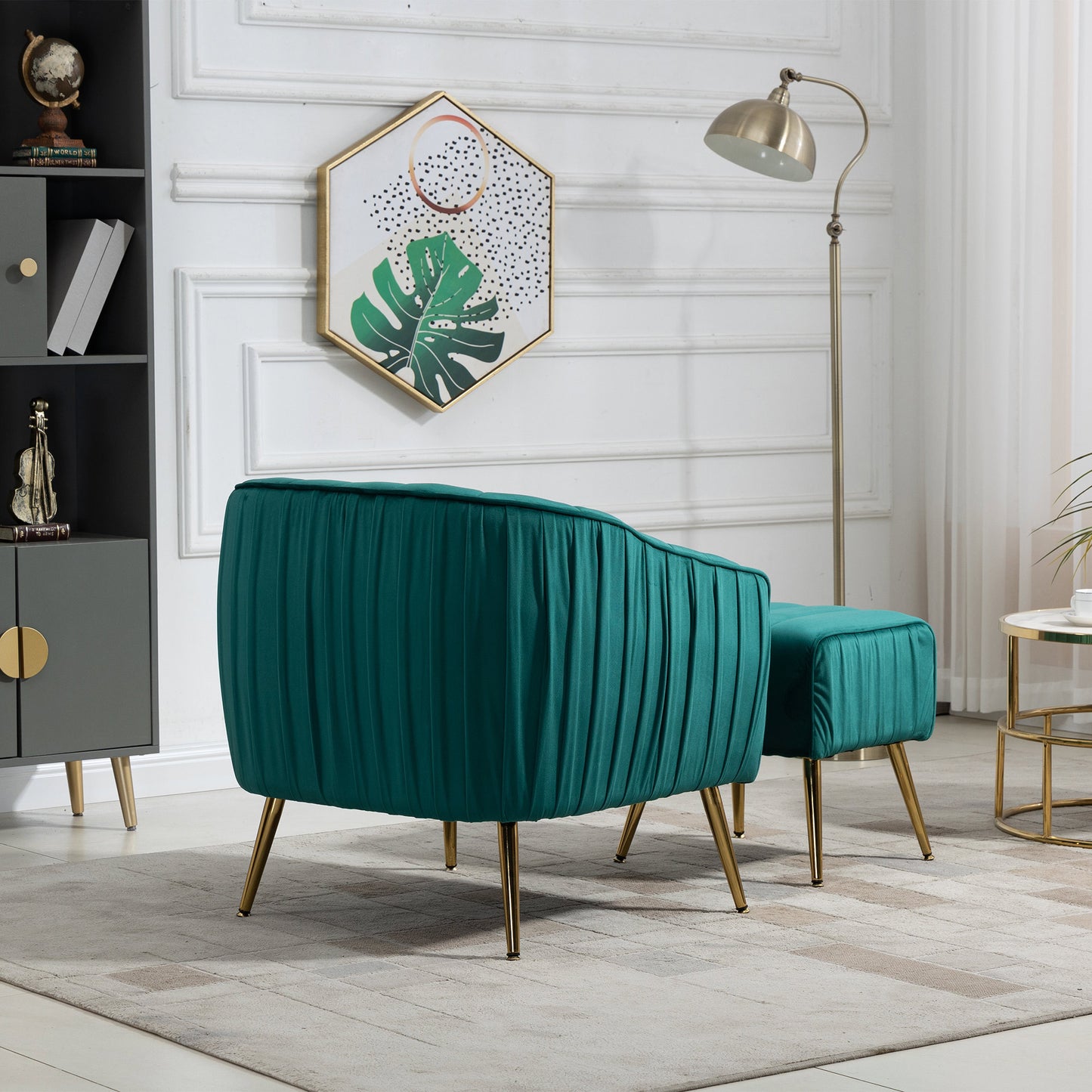 Velvet Accent Chair with Ottoman, Modern Tufted Barrel Chair Ottoman Set for Living Room Bedroom, Golden Finished, Christmas Green