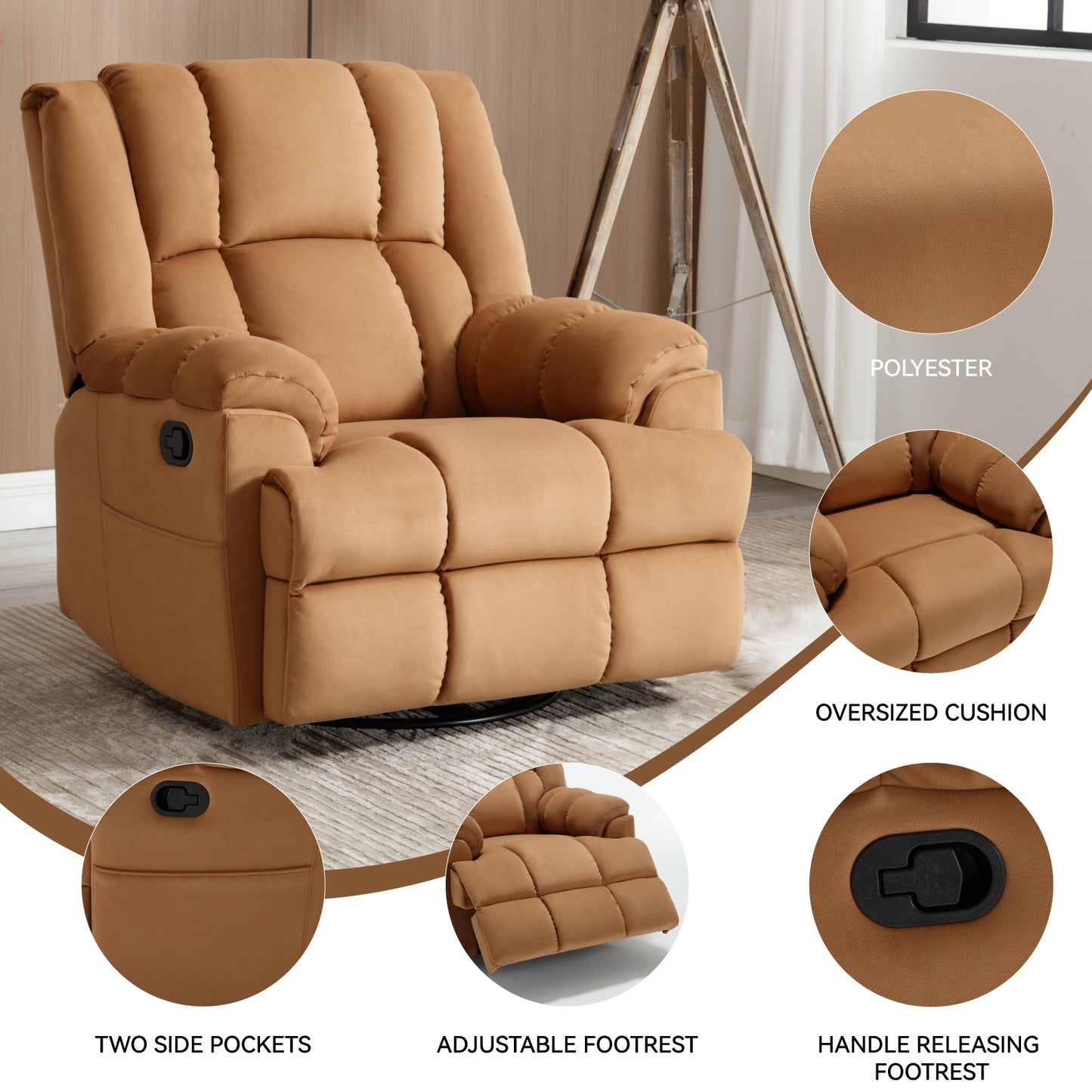 Manual Recliner Chair with Rocker and Swivel in Fabric for Living Room, Beige