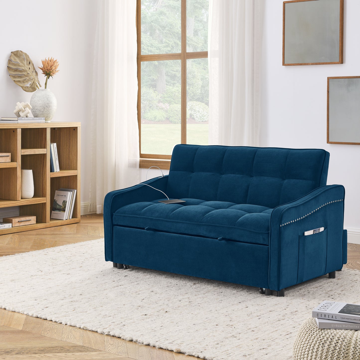 Loveseats Sofa Bed with Pull-out Bed,Adjsutable Back and Two Arm Pocket,TypeC and USB Charging with Copper nail,Blue (47"x53"x31")