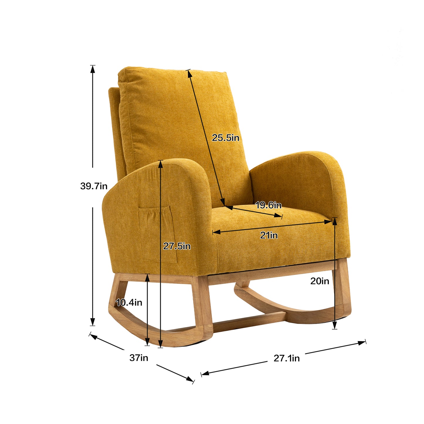 Rocking Chair, Modern Glider Chair, Recliner Armchair with Wood Legs and Side Pocket, Nursery Rocking Accent Chair with High Back for Living Room Bedroom (Mustard Yellow linen)