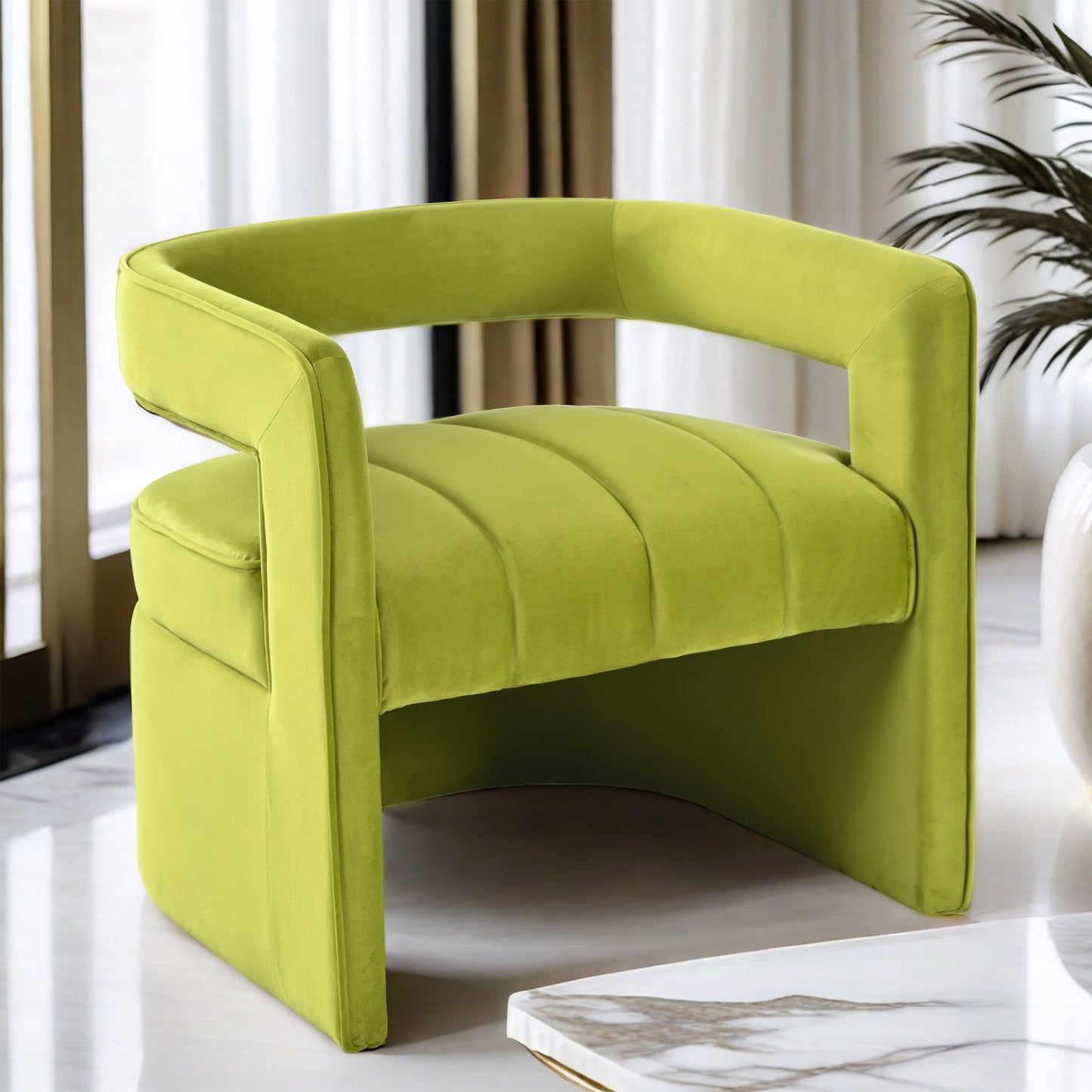 Modern Velvet Accent Chair with Ribbed Detail, Luxury Curved Fully Upholstered Accent Chair, Green (No Assembly Needed)