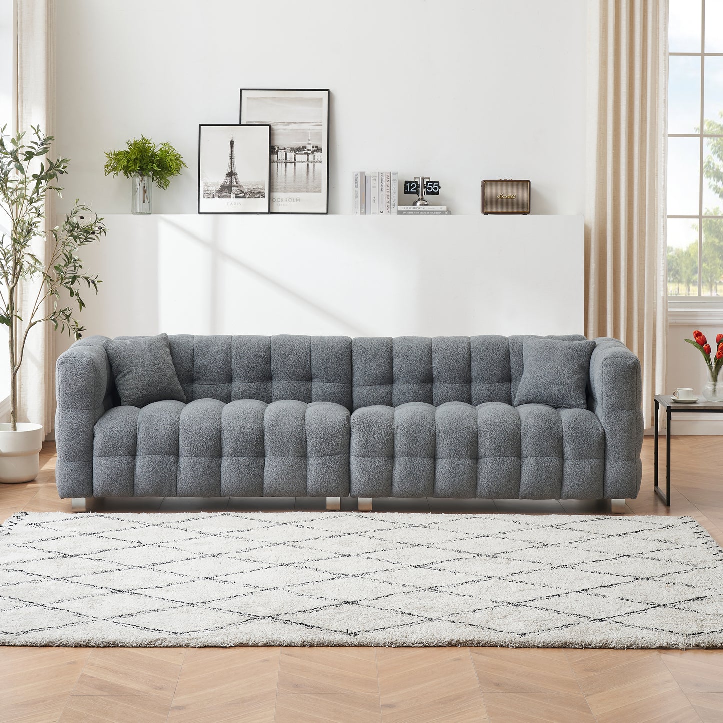 102-inch gray teddy velvet sofa with two throw pillows in living room Bedroom apartment sofa supported by hardware feet