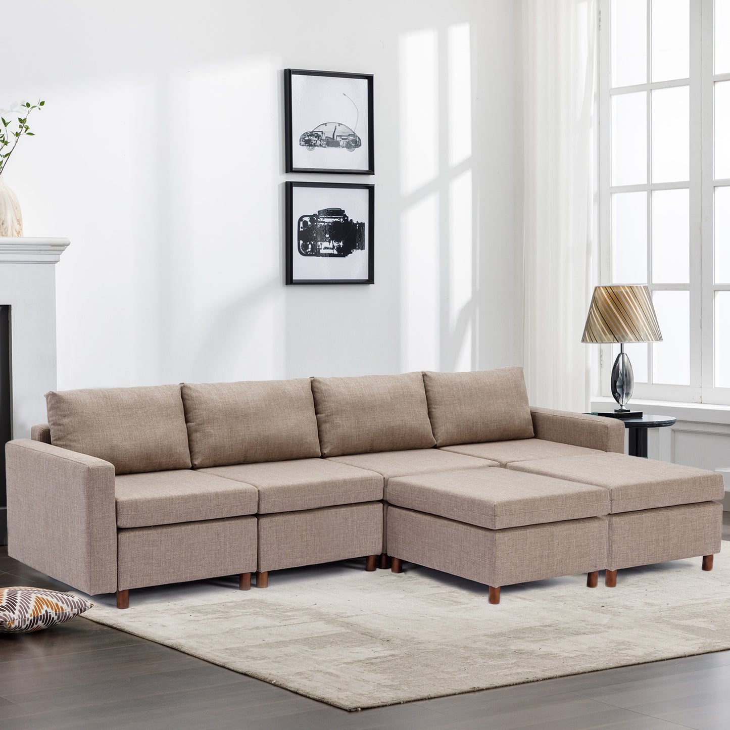 4 Seat Module Sectional Sofa Couch With 2 Ottoman for living room,Seat Cushion and Back Cushion Non-Removable and Non-Washable,Brown