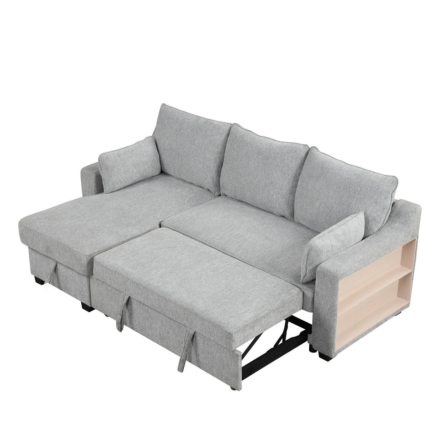 90" Pull Out Sleeper Sofa L-Shaped Couch Convertible Sofa Bed with Storage Chaise, Storage Racks and USB Ports, Light Grey